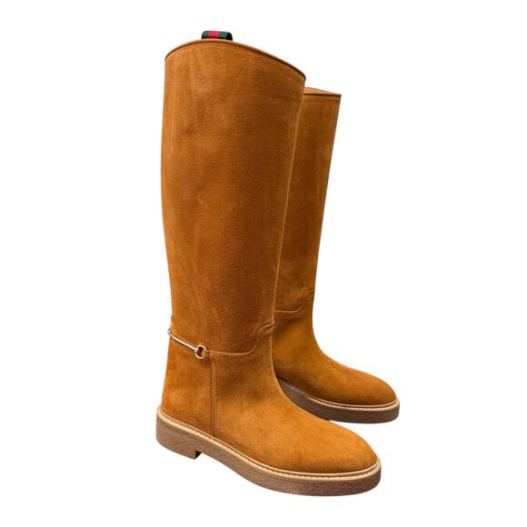 Gucci Edith Tall Knee-High Suede Riding Boots Cognac Horsebit Web EU 39 - Picture 2 of 14